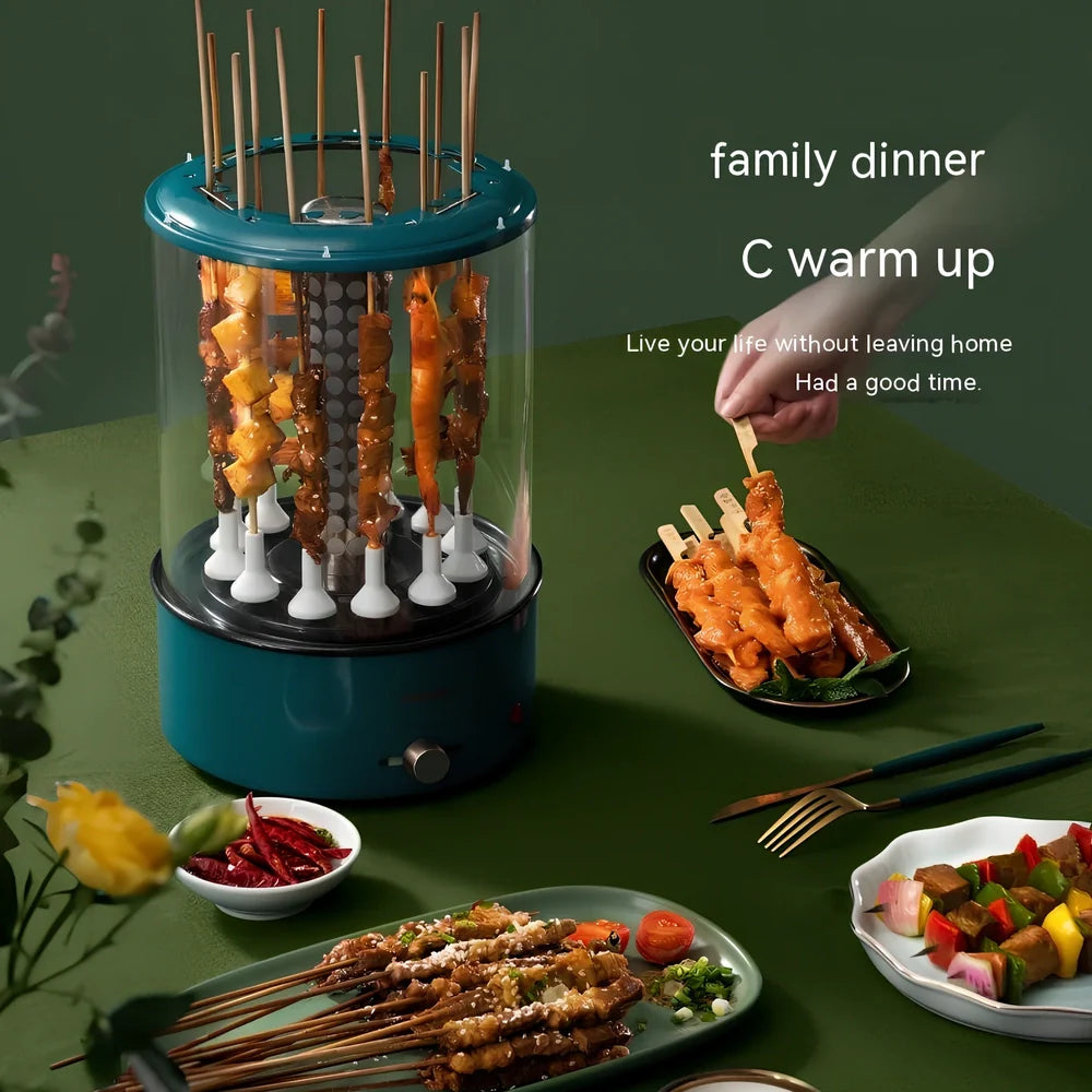 Blue automatic skewers machine with ceramic heating element and built-in oil receiver for smoke-free indoor grilling