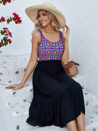 Purple sleeveless dress with hand-hooked flower stitching pattern, cotton blend fabric with polyester lining