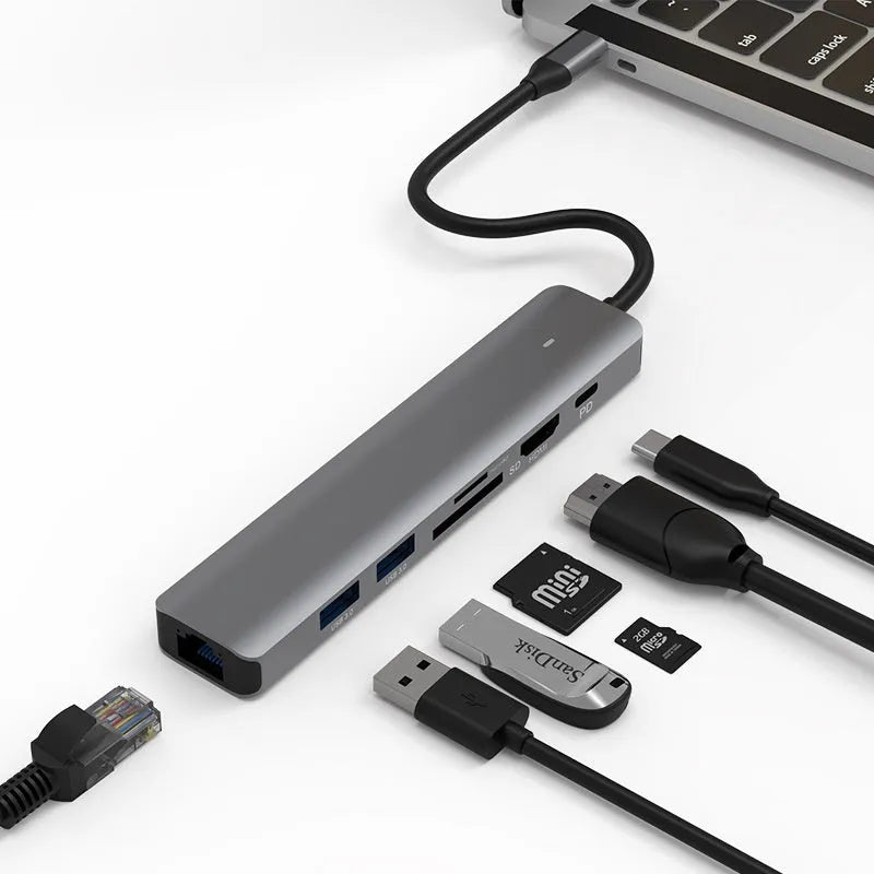 LQT-LH07 7-in-1 card reader PD computer hub with aluminium housing showing seven ports
