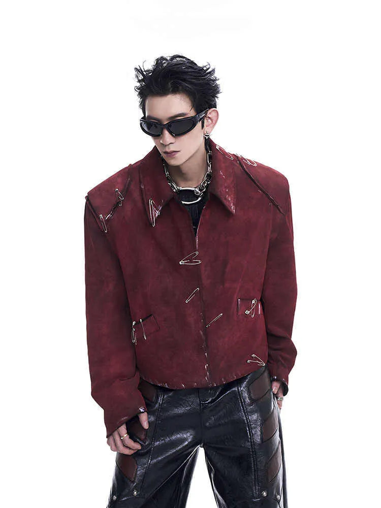Men's red quilted jacket with decorative pins and flocking details, loose fit with lapel collar
