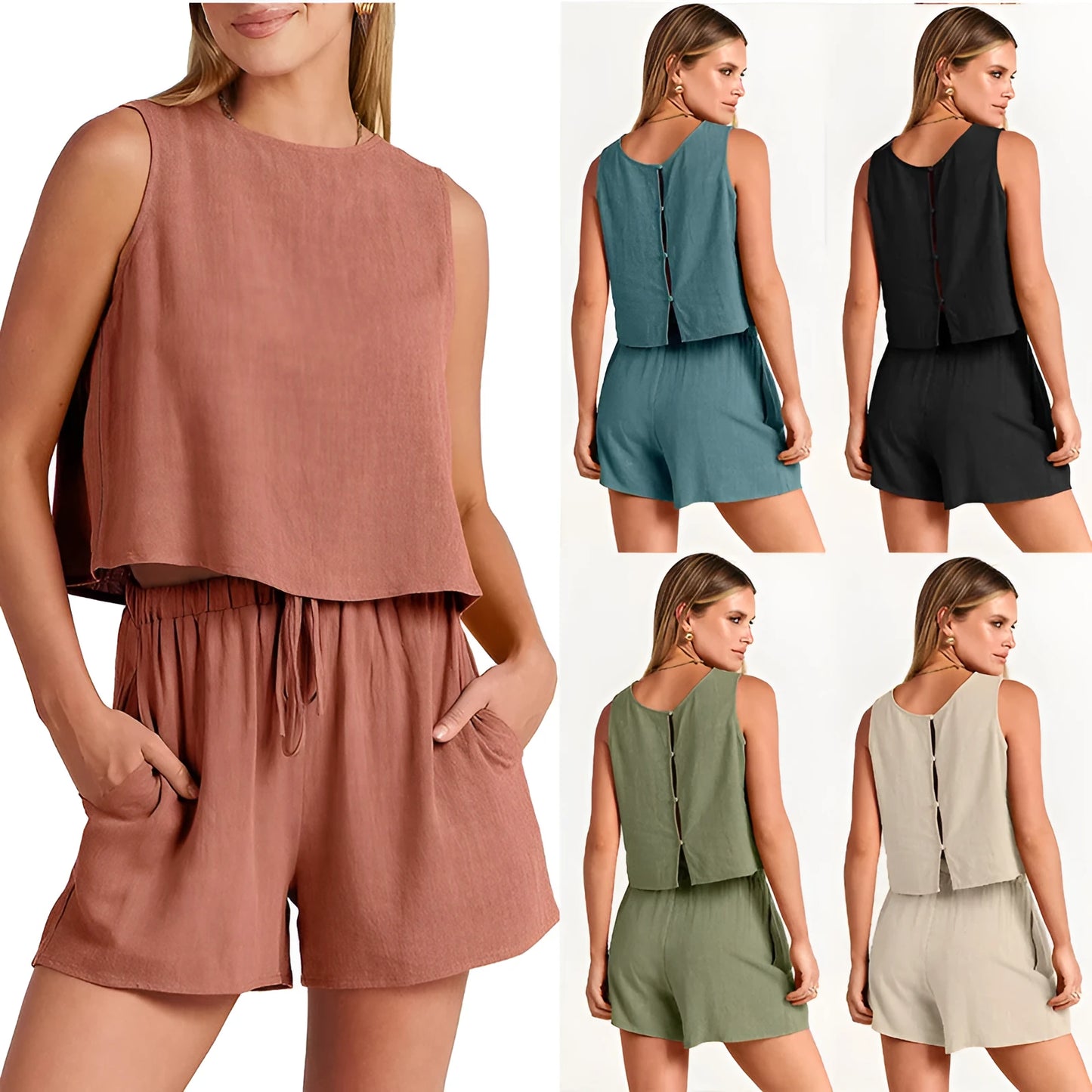 Women's summer two-piece set with sleeveless top and drawstring shorts in rayon linen blend.
