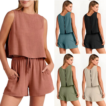 Women's summer two-piece set with sleeveless top and drawstring shorts in rayon linen blend.