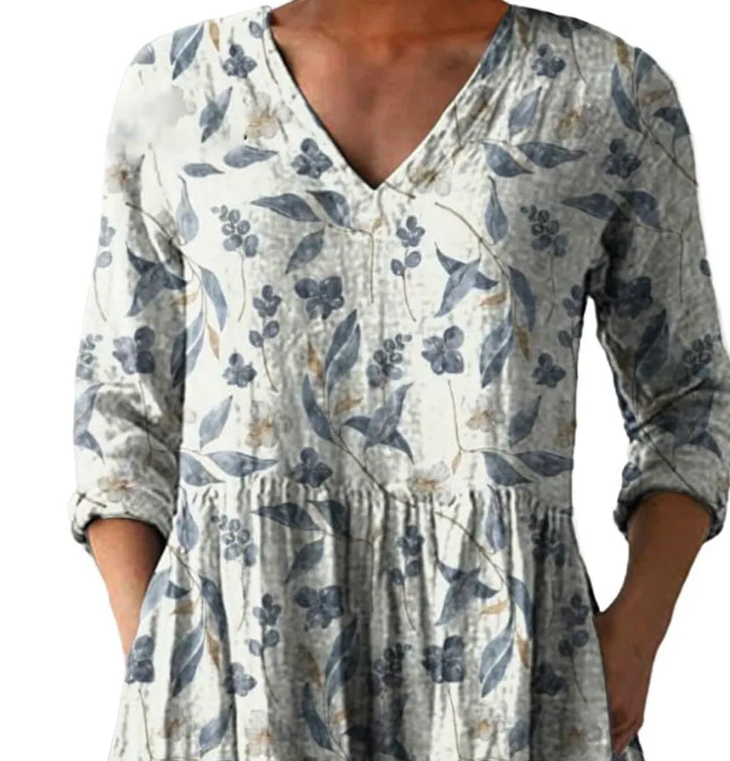 Women's printed wave loose dress with wide waist design and 3/4 sleeves in one of seven style options