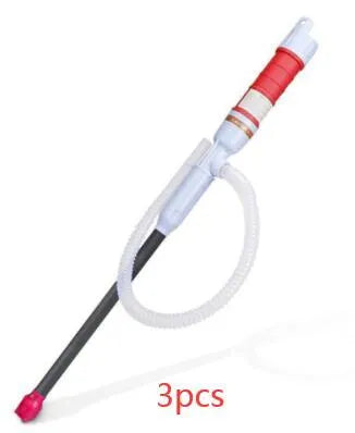 Blue and red manual siphon hand pump for fuel and oil transfer.