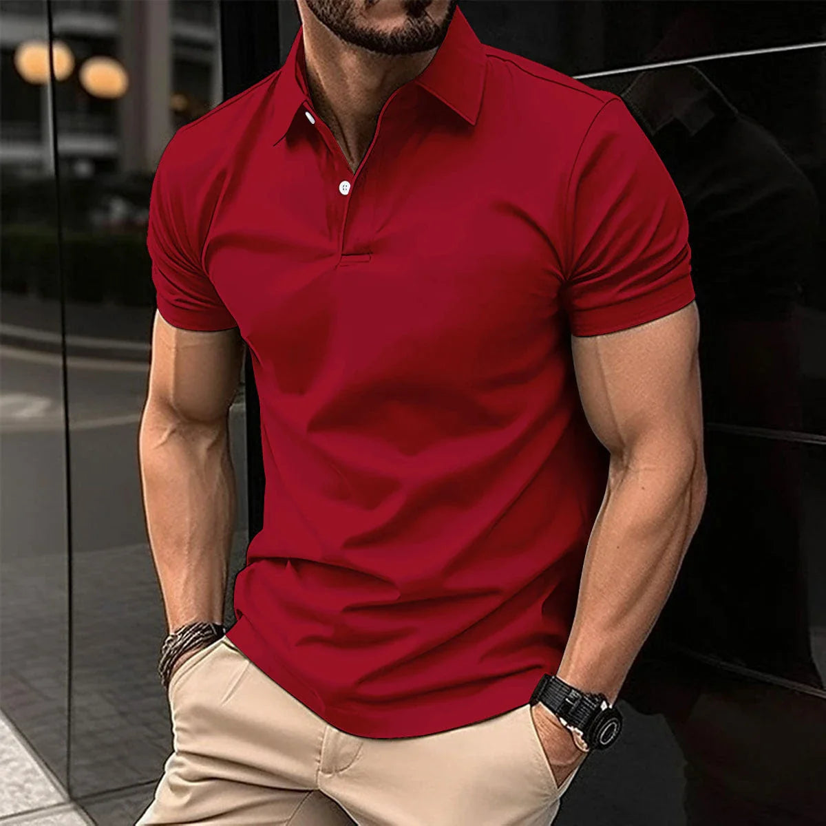 Men's casual short sleeve cotton polo shirt in a variety of solid colors