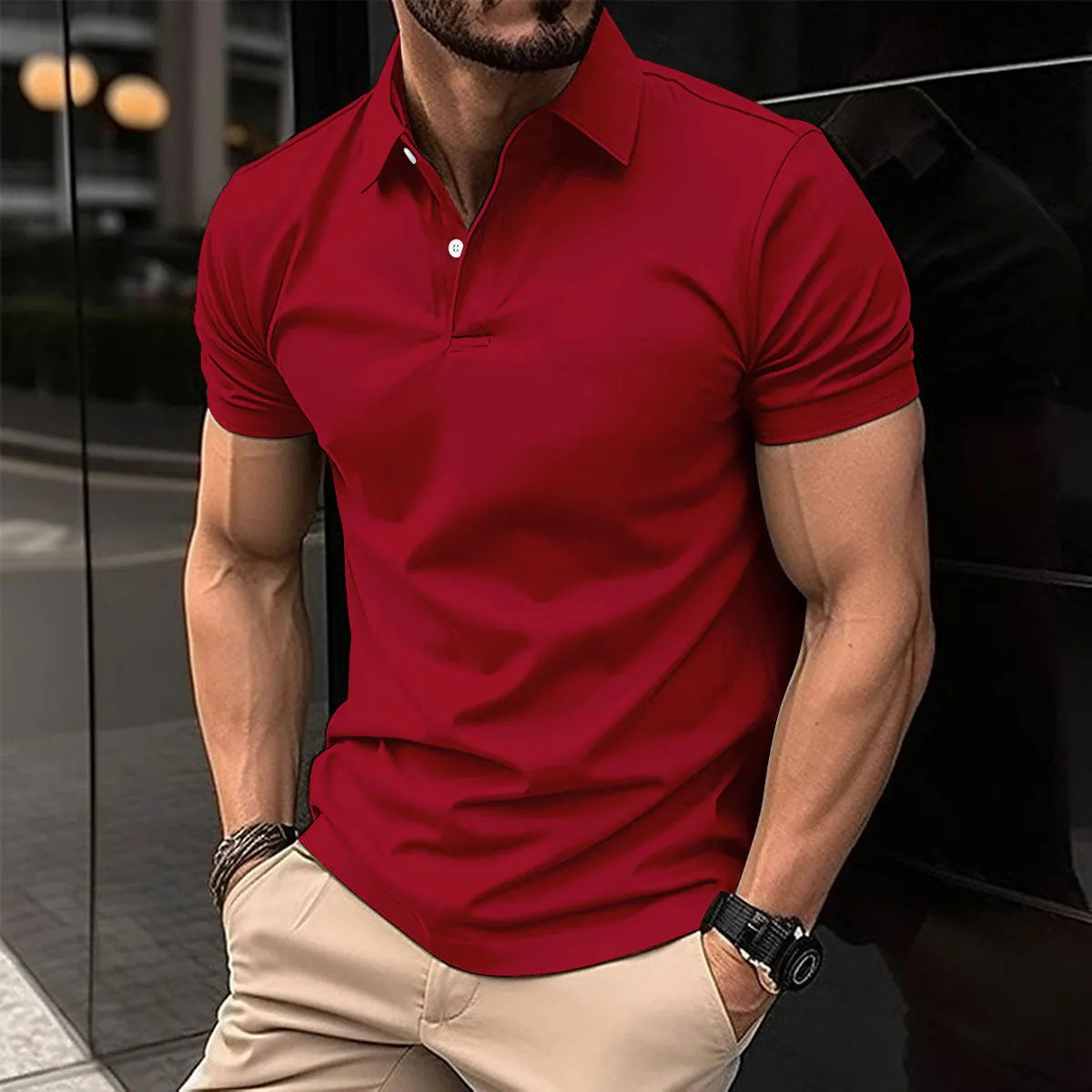 Men's solid colour short sleeve polo shirt with button collar in cotton mix fabric
