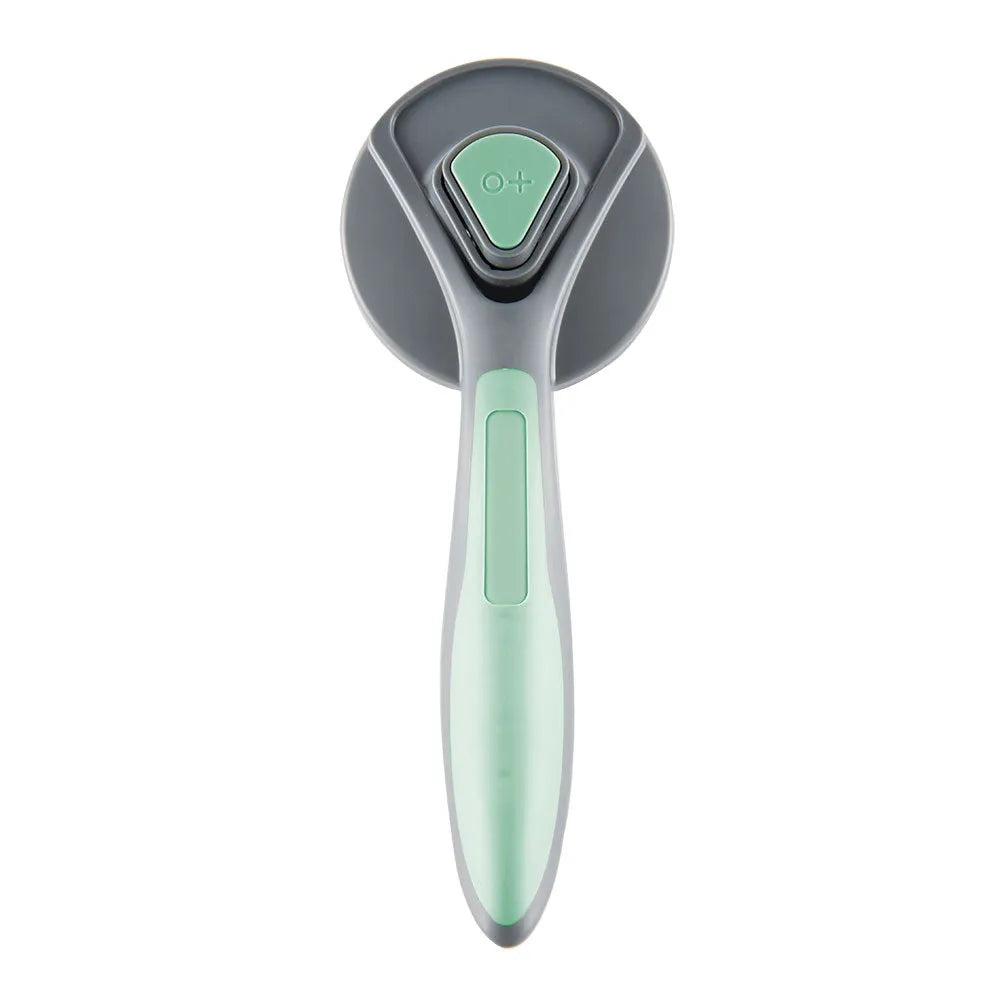 Grey self-cleaning slicker brush for pet grooming with one-click button and massage bristles