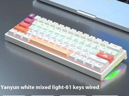 Small white 61-key mechanical keyboard with hot-swappable sockets and a black USB cable.