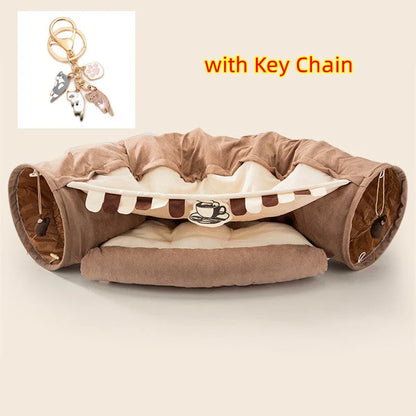 Collapsible cat tunnel in cloth material showing Bar, Coffee, Matcha and Pink colour options