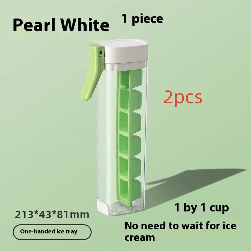Blue press-release ice cube tray with storage box on a kitchen counter