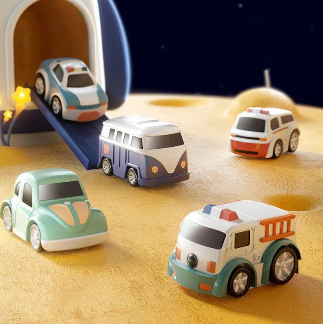 Space Adventure Puzzle Car Track toy with interlocking plastic pieces forming 33cm orbital circuit