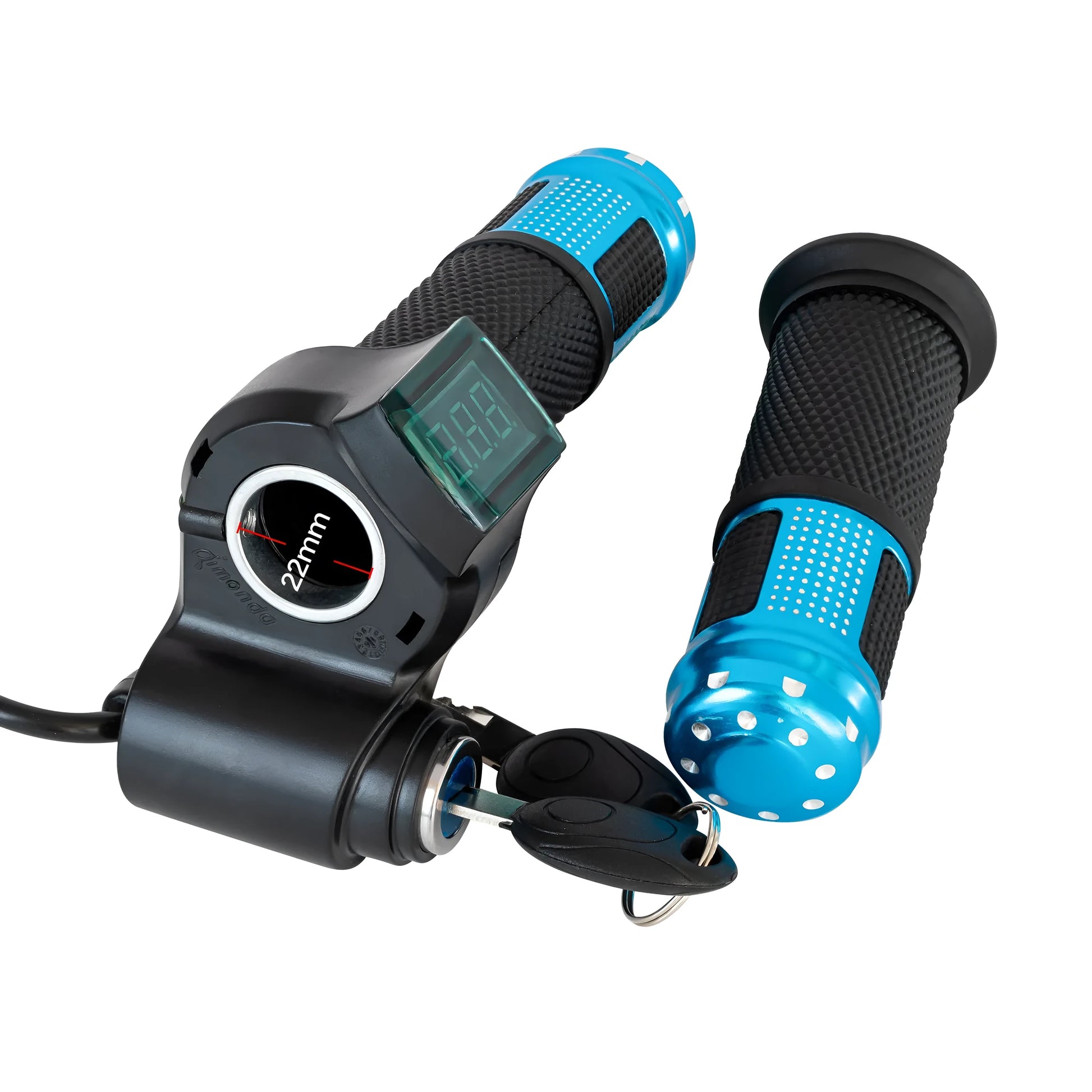 Electric vehicle handlebar control unit in blue, red, silver, and yellow colour options.