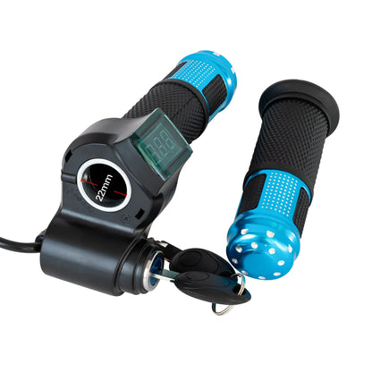 Electric vehicle handlebar control unit in blue, red, silver, and yellow colour options.