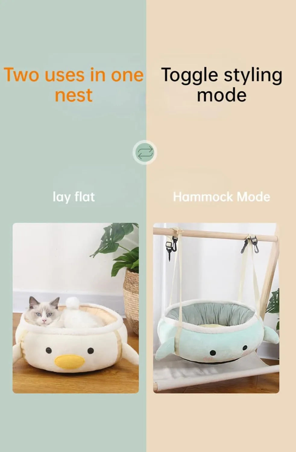 Green chick-shaped cat bed laid flat with hanging straps attached, suitable for small cats
