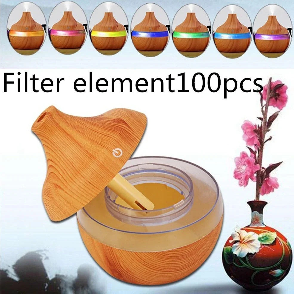 Yellow wood grain USB humidifier measuring 110x110mm with 300ml water tank and LED lighting