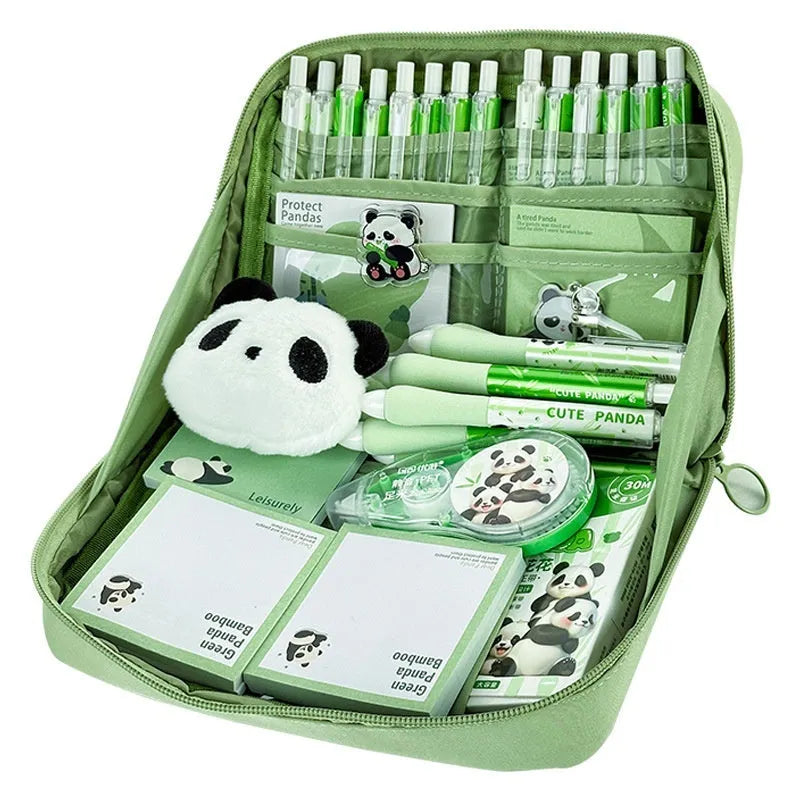Green canvas pencil case with panda design featuring 12 storage layers for stationery organisation