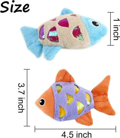 Two plush fish cat toys in blue and orange with catnip and crinkle sound features