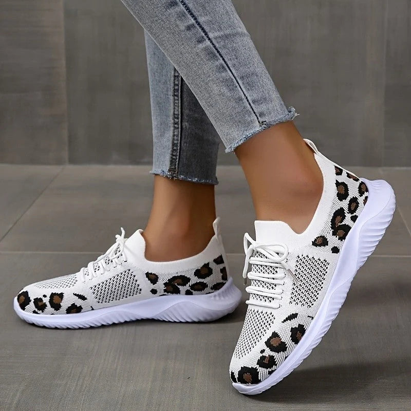 Women's leopard print lace-up sneakers with medium heel and breathable net cloth upper