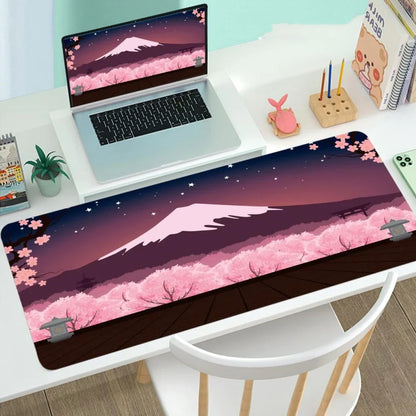 Large gaming mouse desk mat showing printed design on rubber surface with size options up to 400x900mm