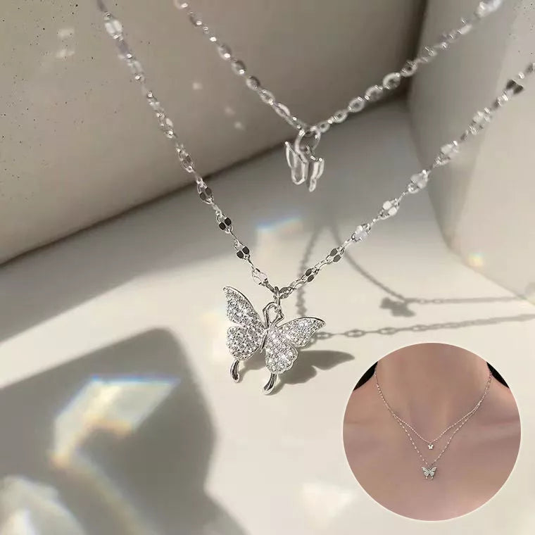 Gold plated double butterfly necklace for women with adjustable length