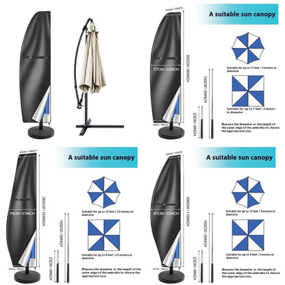 Black waterproof banana-shaped offset umbrella cover for garden furniture.