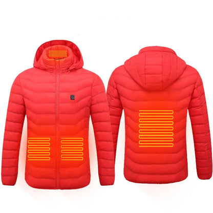 A warm, insulated puffer jacket with strategically placed heating elements to keep skiers cozy on the slopes.