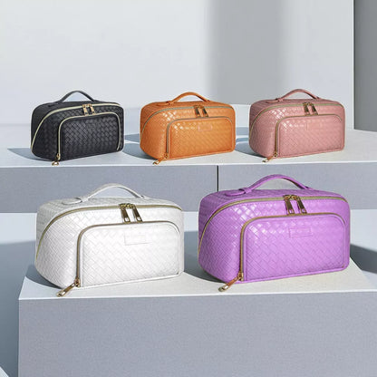 Large-capacity waterproof cosmetic bag with multiple storage compartments in purple and orange