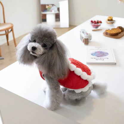Red Chinese-style dog jacket with a white faux fur collar on a pet mannequin