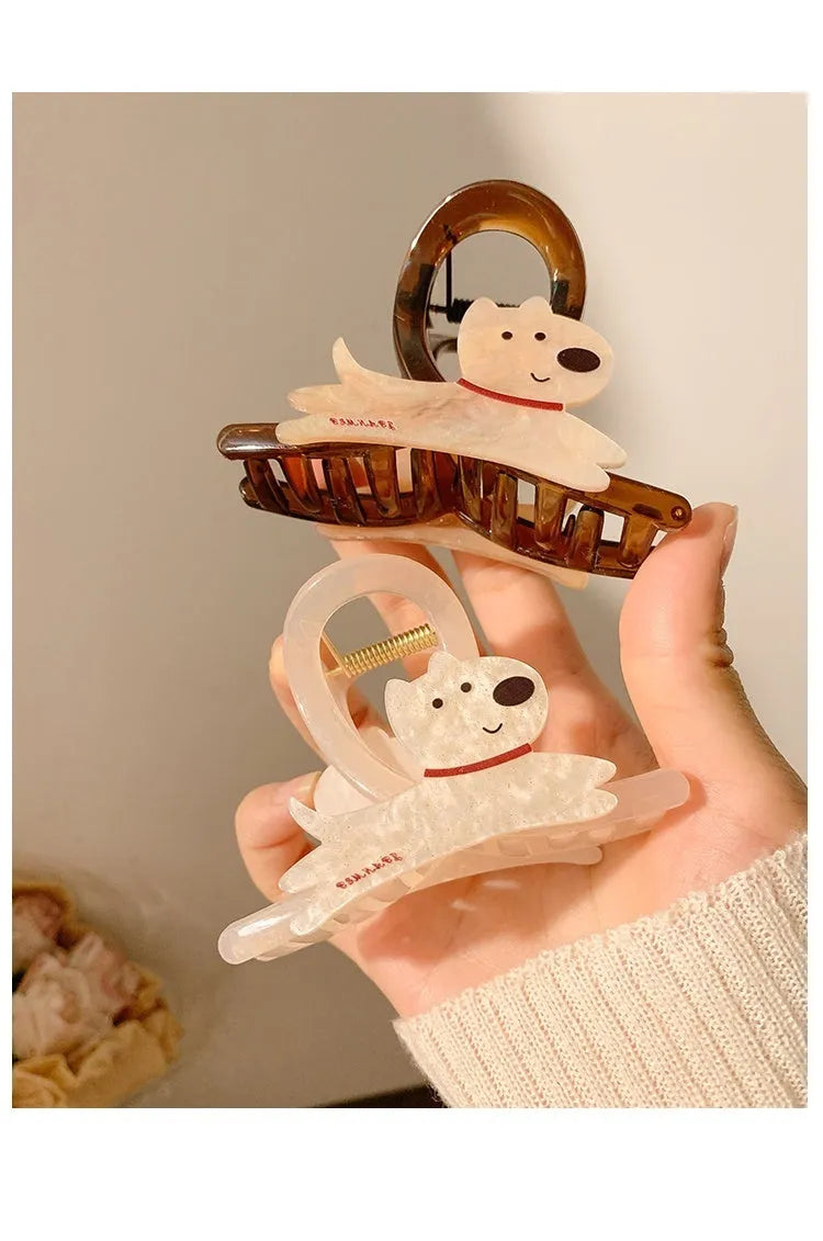 Korean style cartoon puppy barrettes hair grips in beige and brown with puppy face handles