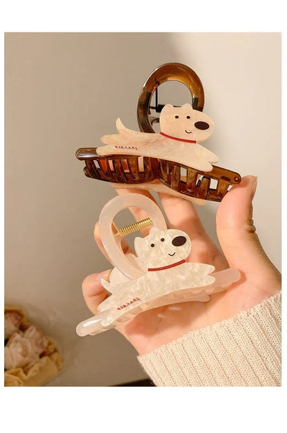 Korean style cartoon puppy barrettes hair grips in beige and brown with puppy face handles