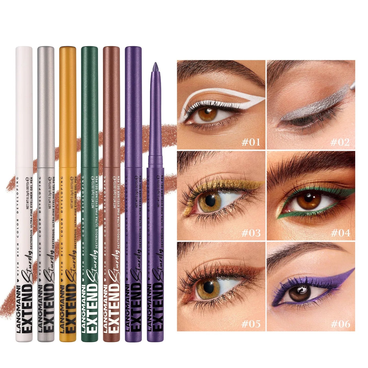 12 colourful gel glitter eyeliner pencils with matte and glitter finishes in waterproof formula