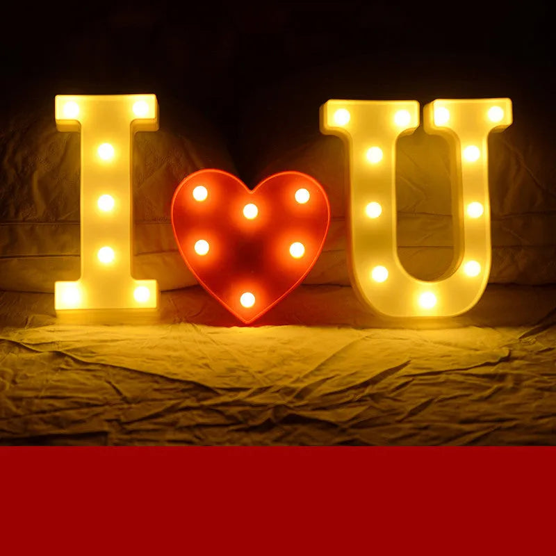 Plastic LED alphabet letter light spelling a message for a birthday or proposal.