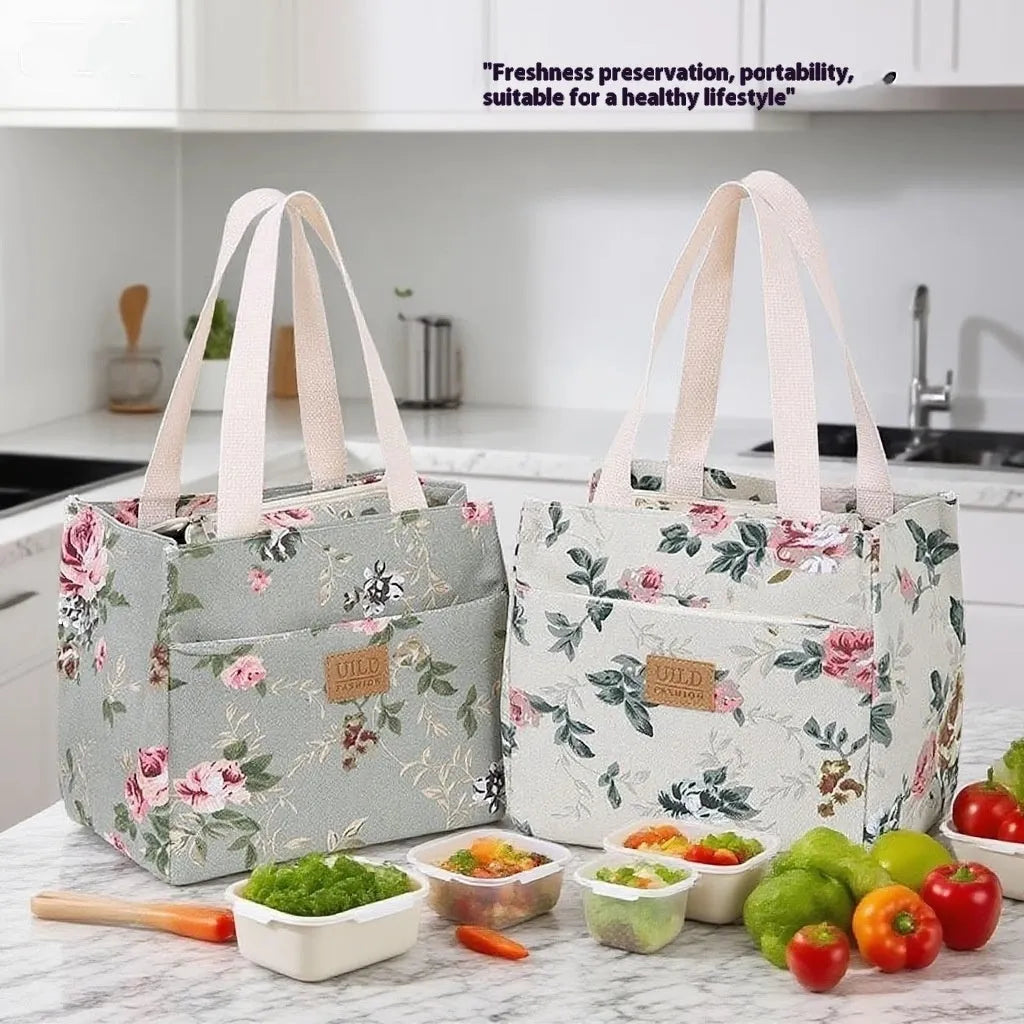 Women's portable printed canvas bag in horizontal square shape with floral design, showing reinforced base and large capacity.