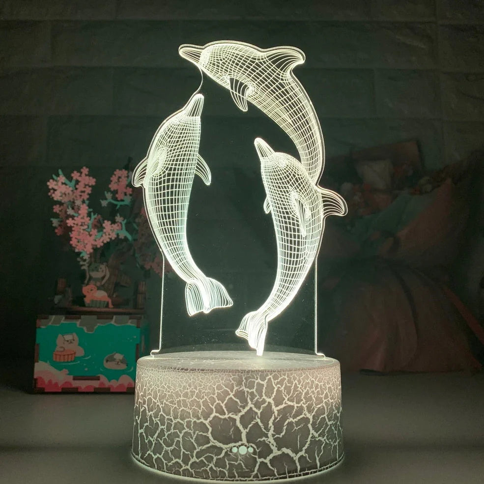 Black base dolphin 3D LED night light projecting image, 87x87x42mm size with USB cable and optional remote