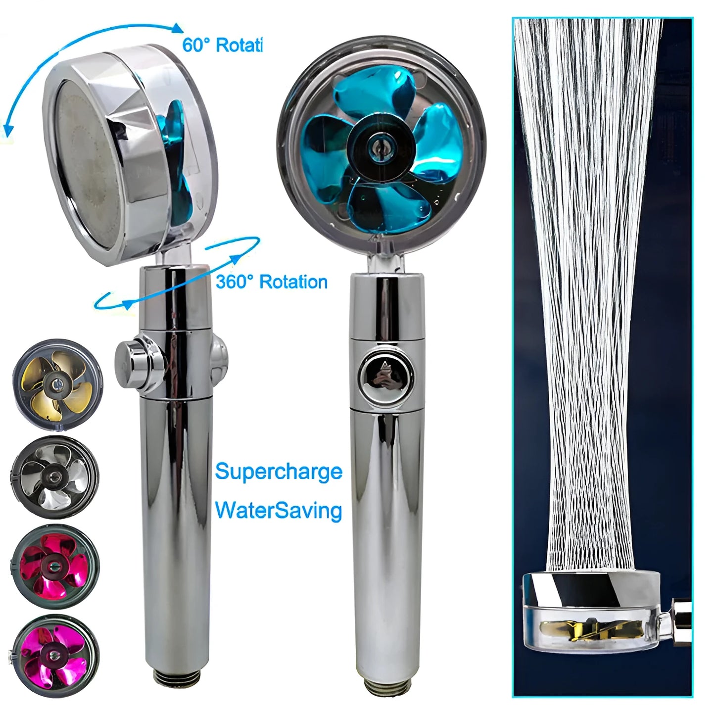 Chrome-finished ABS plastic water-saving shower head with a round, rotating spray head.