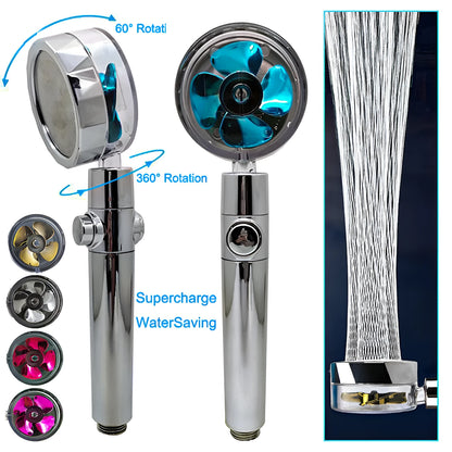 Chrome-finished ABS plastic water-saving shower head with a round, rotating spray head.