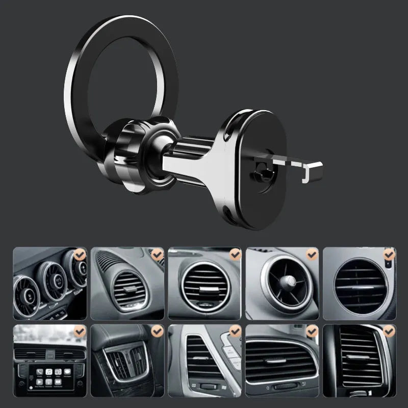 Black magnetic car phone holder clipped onto a car air vent, showing O-ring magnet and silicone grips.