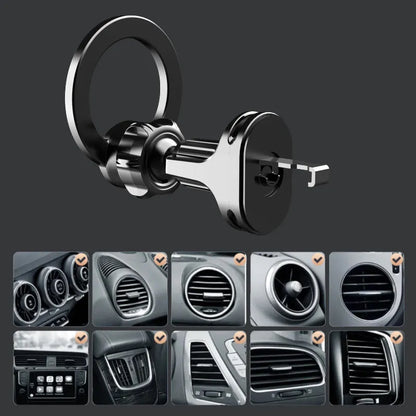 Black magnetic car phone holder clipped onto a car air vent, showing O-ring magnet and silicone grips.