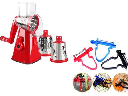 Stainless steel vegetable peeler set with black, blue, red handles and dual swivel blades
