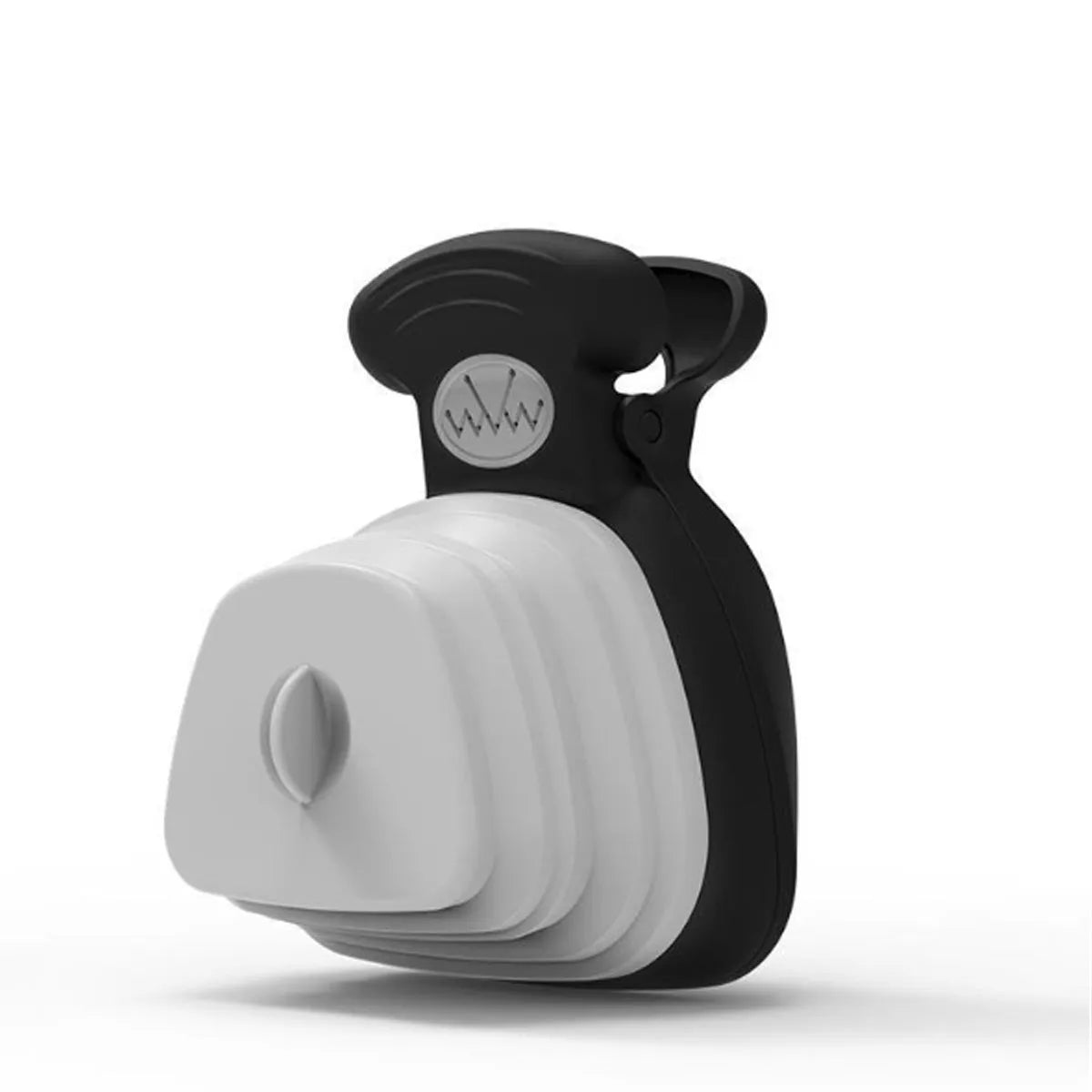 Blue portable dog pooper scooper with clip, unfolded waste container, and integrated bag dispenser.