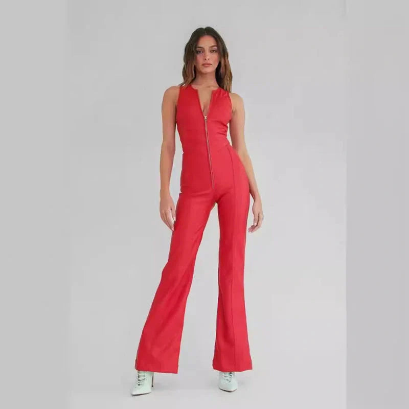 Women's summer slim heart-shape backless denim jumpsuit with halter neck in blue, red, and white