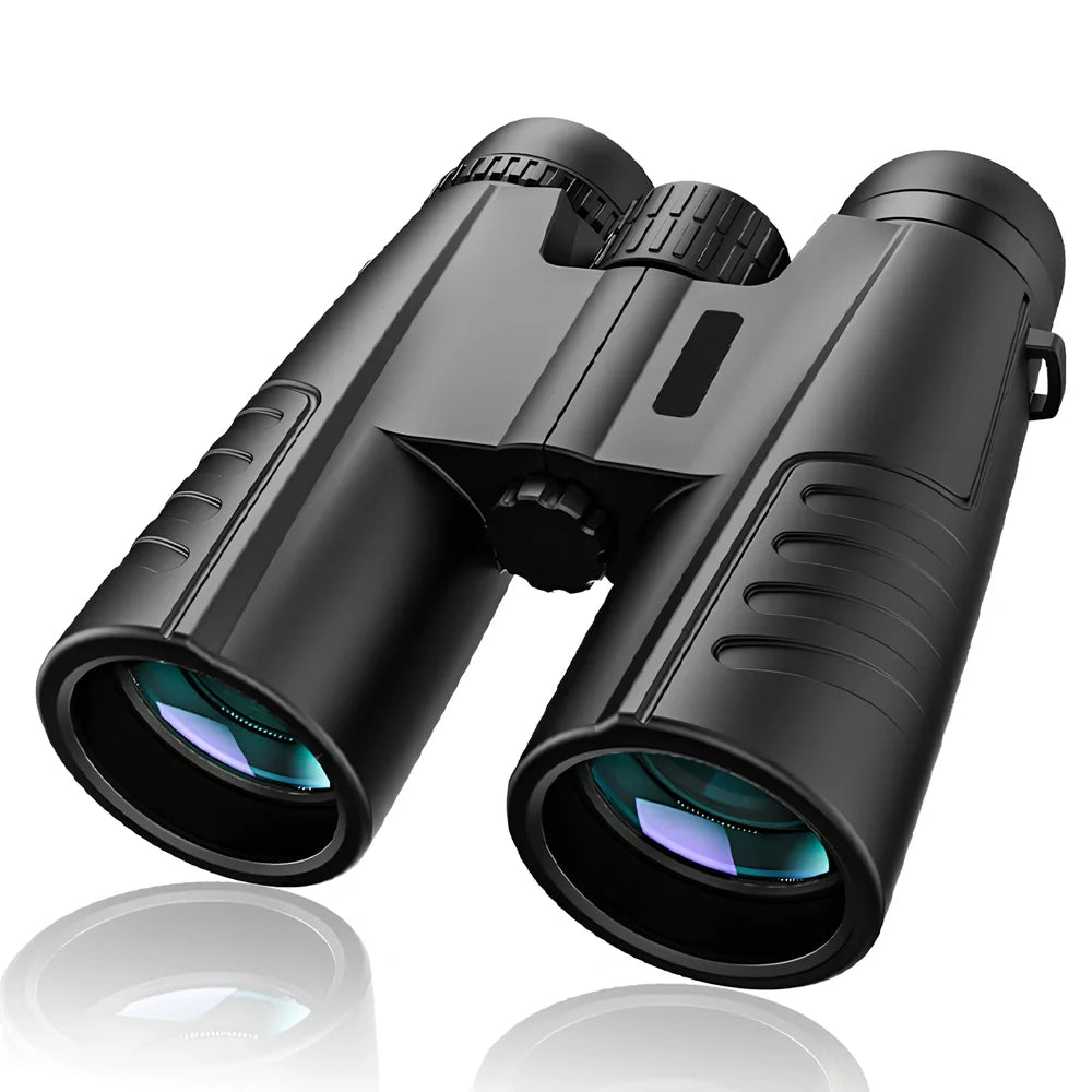 Black roof prism binoculars with 12x42 specifications showing eyepieces and objective lenses