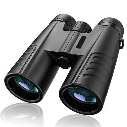 Black roof prism binoculars with 12x42 specifications showing eyepieces and objective lenses