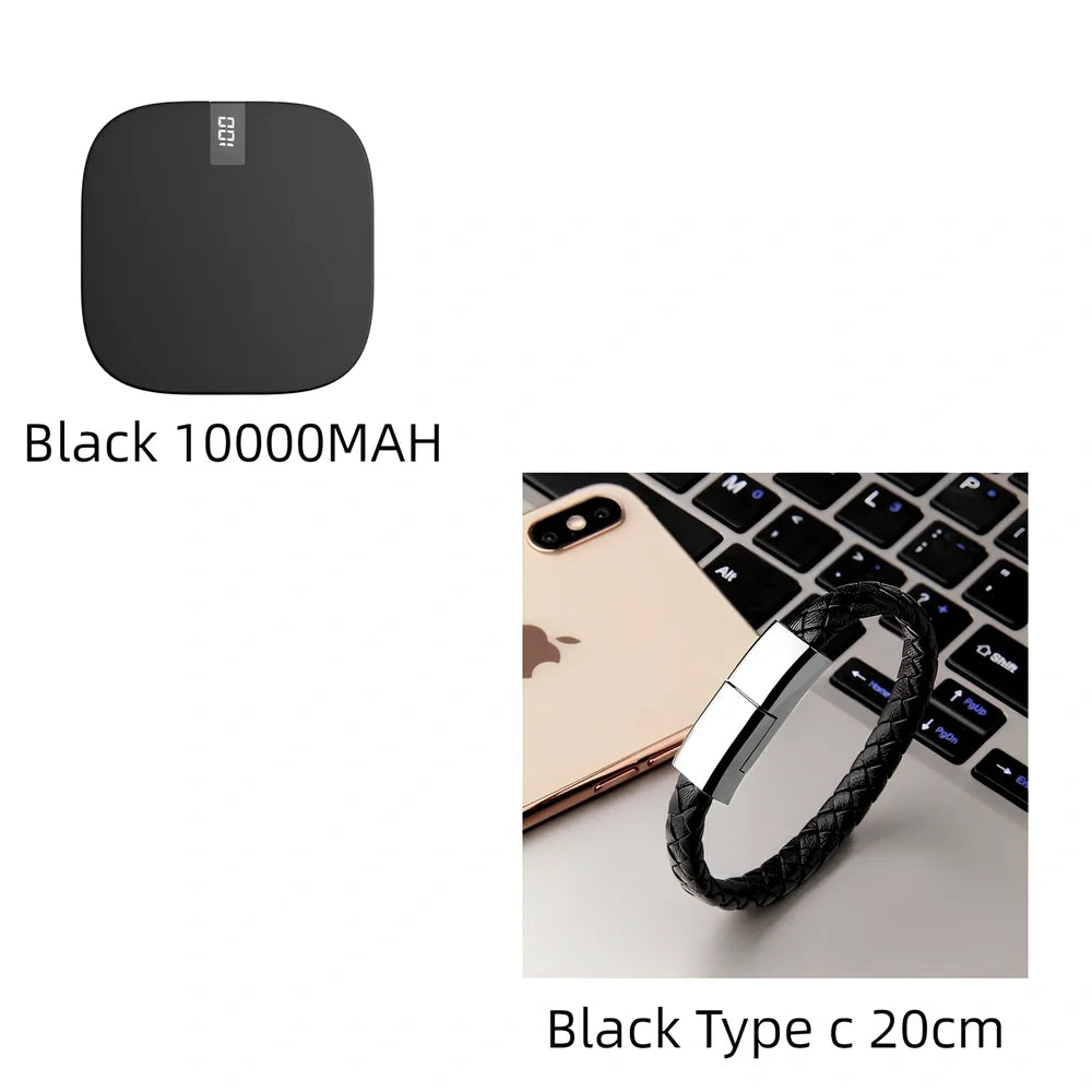 Red 10000 mAh mini power bank with digital display showing battery percentage, measuring 90x64x24mm