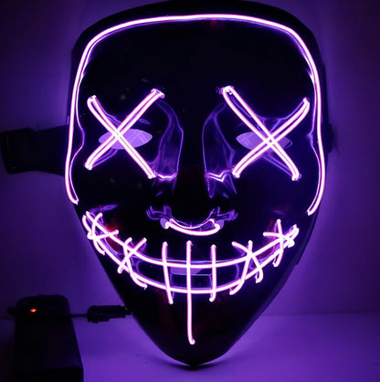 Black V-shaped electroluminescent Halloween mask glowing with uniform illumination, showing folding capability and plastic construction