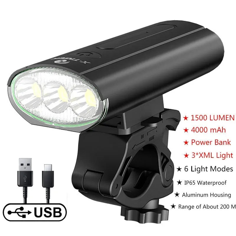 USB rechargeable bike light with double T6 lamp beads, 1200 lumens, aluminium alloy frame, IPX-6 waterproof