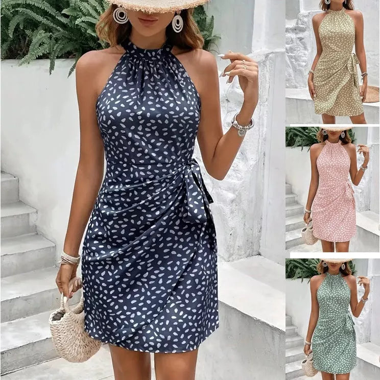 Women's summer halterneck printed dress with tied-waist design in navy blue