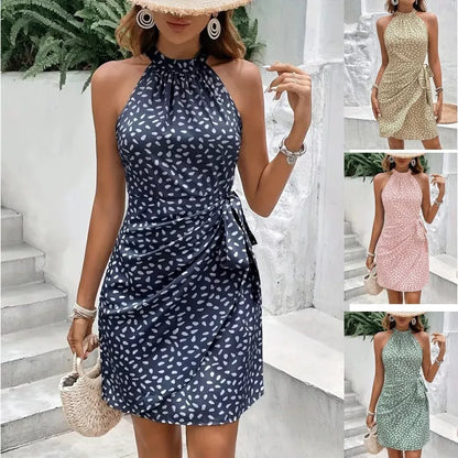 Women's summer halterneck printed dress with tied-waist design in navy blue