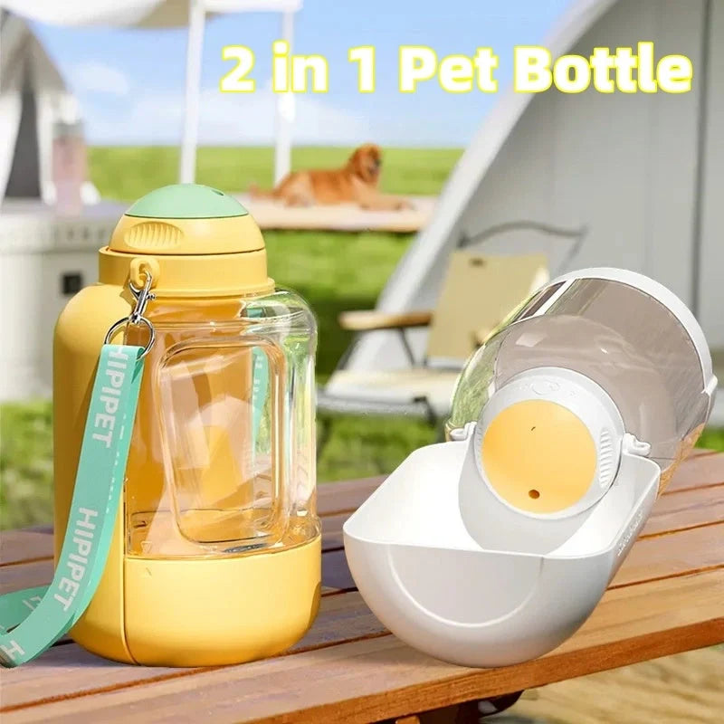 Portable 2-in-1 dog and cat water bowl with food container, available in white, yellow, and grey colors