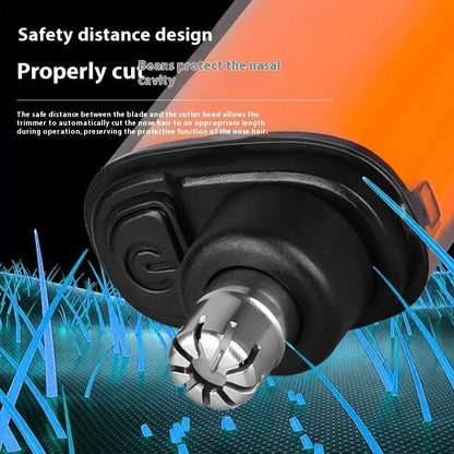 Rechargeable nose hair trimmer with digital display, removable cutter head, and cleaning brush.